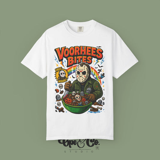 Vintage Horror Graphic T-Shirt | Voorhees Bites Design | Unisex Tee for Halloween, Horror Fans, Halloween Costume, Spooky Gift, Graphic Tee