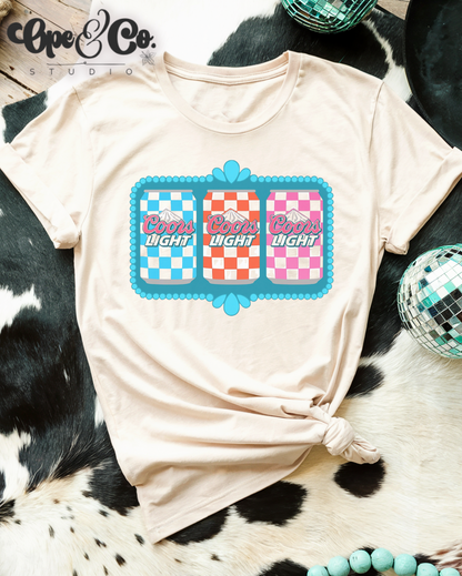 🍻 Coors Light Retro Tee – Checkerboard Can Design for Party Girls & Chill Queens 🎉