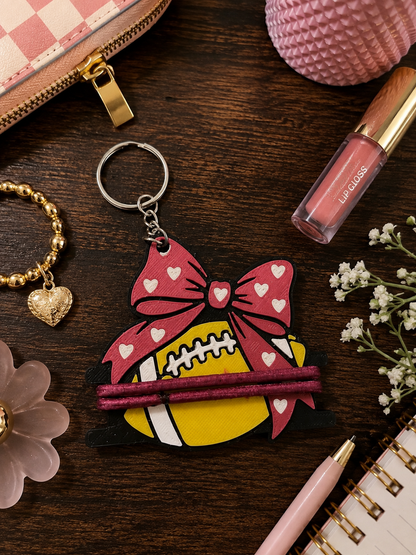 Football Hair Tie Holder Keychain with Bow | Game Day Keychain