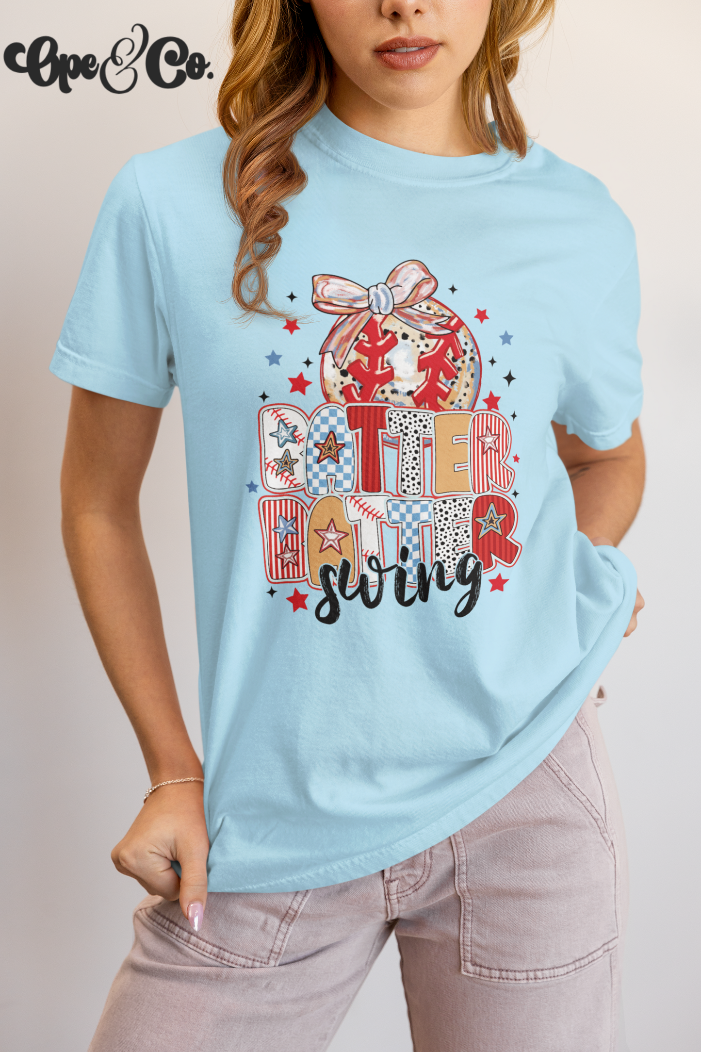 Batter Batter Swing Tee 🎀⚾️ Patriotic Baseball Shirt – Coquette Baseball Mom Tee – Stars and Stripes Game Day Shirt – Comfort Colors Tee