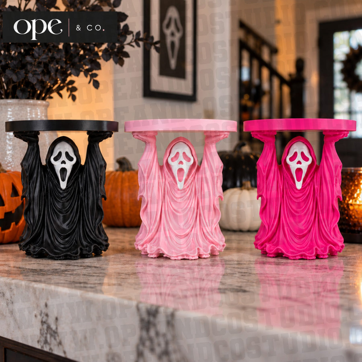 Ghost candle holder stand shown in black, light pink, and hot pink