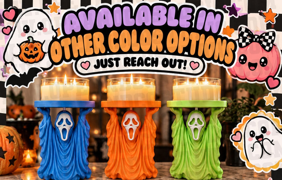Ghost candle holder stand shown in blue, orange, and lime green