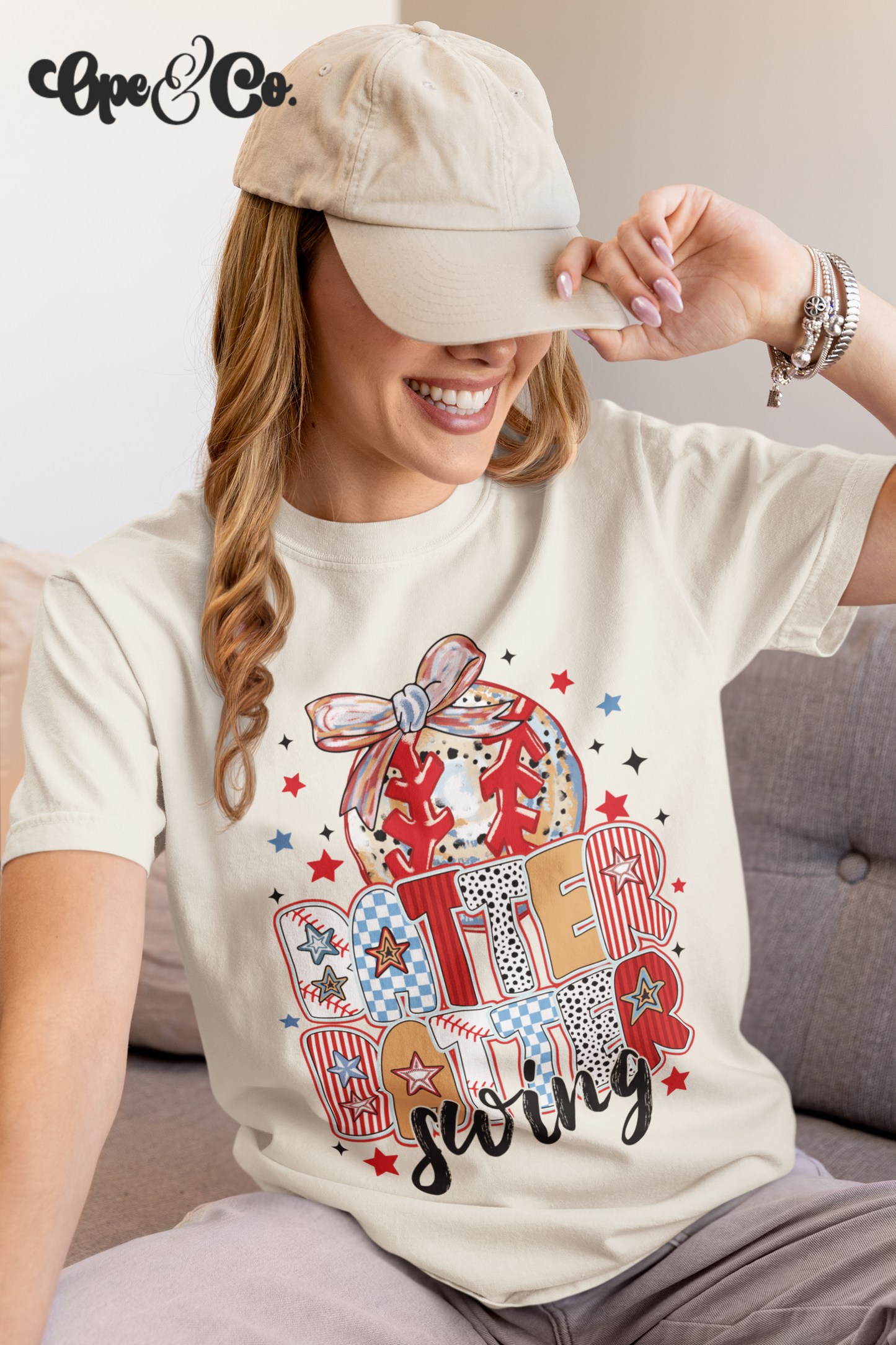 Batter Batter Swing Tee 🎀⚾️ Patriotic Baseball Shirt – Coquette Baseball Mom Tee – Stars and Stripes Game Day Shirt – Comfort Colors Tee