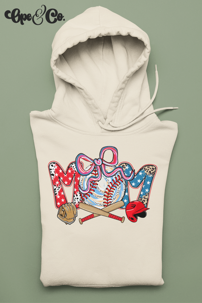 “All-American Baseball Mama” Hoodie 🇺🇸⚾️✨ Patriotic Game Day Sweatshirt – Cute Bow Baseball Mom – Red White Blue Sports Hoodie – Baseball Season Must Have