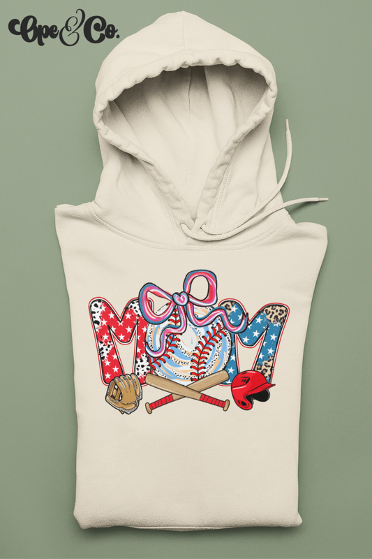 “All-American Baseball Mama” Hoodie 🇺🇸⚾️✨ Patriotic Game Day Sweatshirt – Cute Bow Baseball Mom – Red White Blue Sports Hoodie – Baseball Season Must Have
