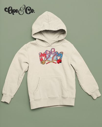 “All-American Baseball Mama” Hoodie 🇺🇸⚾️✨ Patriotic Game Day Sweatshirt – Cute Bow Baseball Mom – Red White Blue Sports Hoodie – Baseball Season Must Have