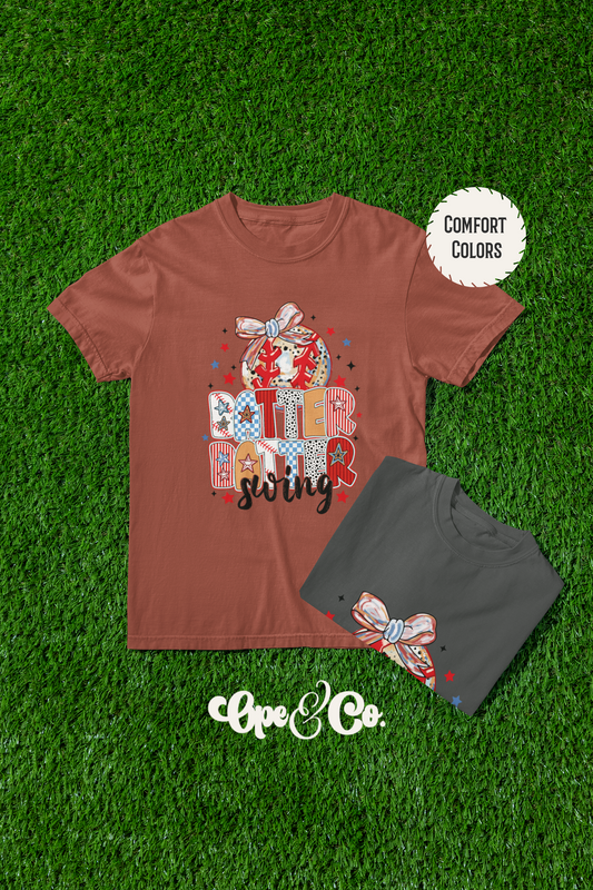 Batter Batter Swing Tee 🎀⚾️ Patriotic Baseball Shirt – Coquette Baseball Mom Tee – Stars and Stripes Game Day Shirt – Comfort Colors Tee