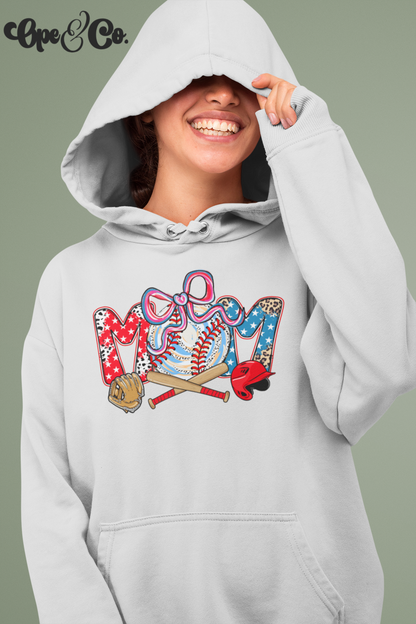 “All-American Baseball Mama” Hoodie 🇺🇸⚾️✨ Patriotic Game Day Sweatshirt – Cute Bow Baseball Mom – Red White Blue Sports Hoodie – Baseball Season Must Have